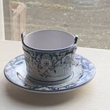 Beurrier, sauciere en faience Vieux Rouen, fait main, made in france, motif floral, vintage