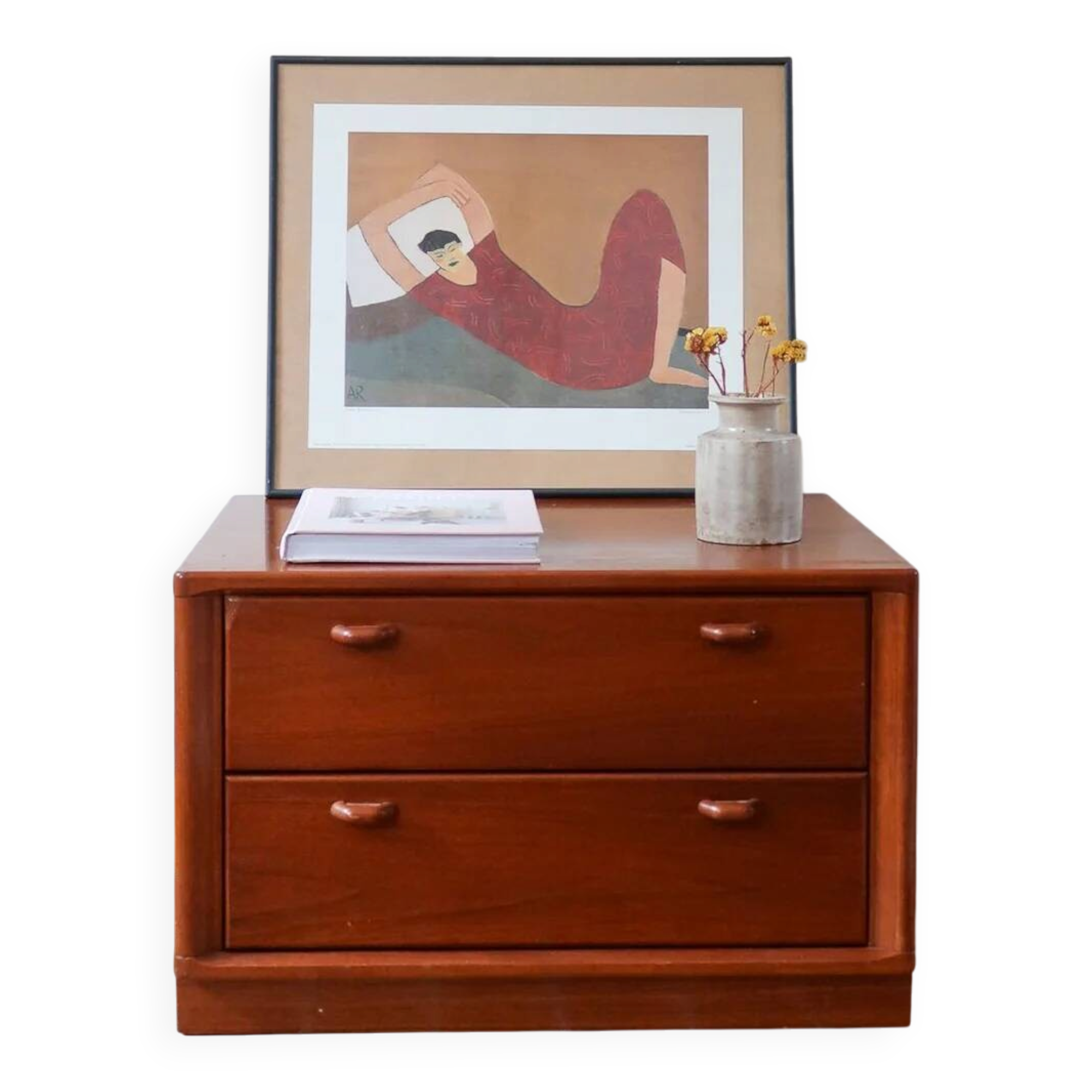 Small piece of furniture with 2 drawers in teak, bedside table or end table.