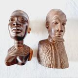 Pair of Busts or Sculptures of African Men and Women in high quality carved wood used