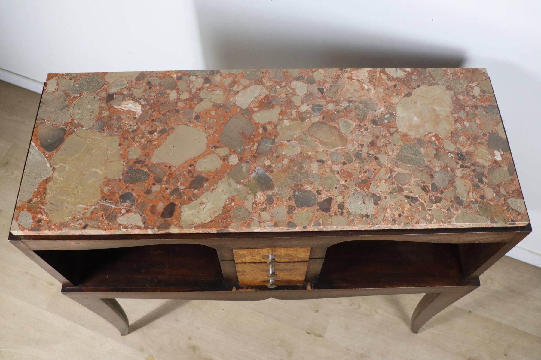 Vintage wooden and marble console table – classic style curved legs, 1950s