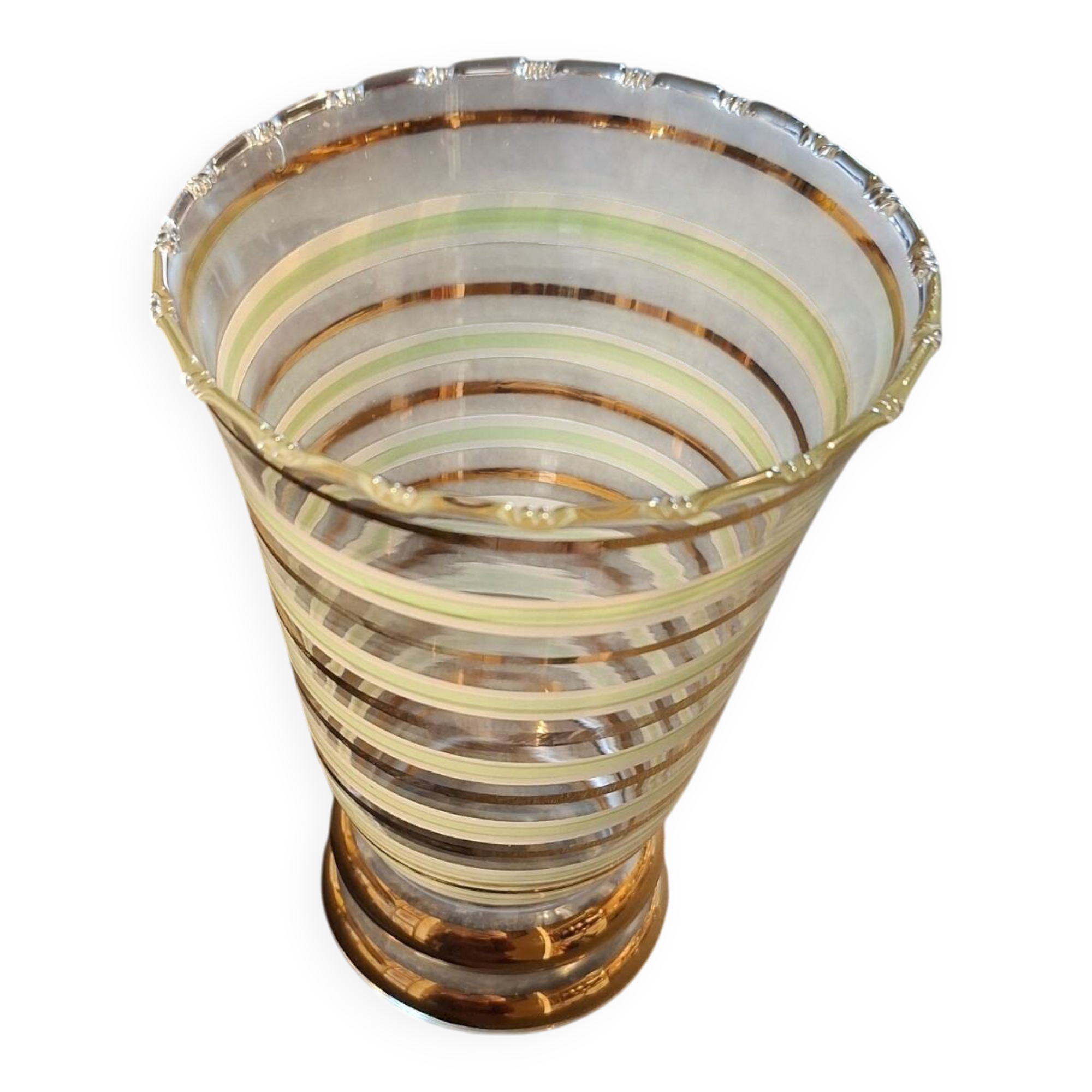 Vintage vase with green and gold trim.