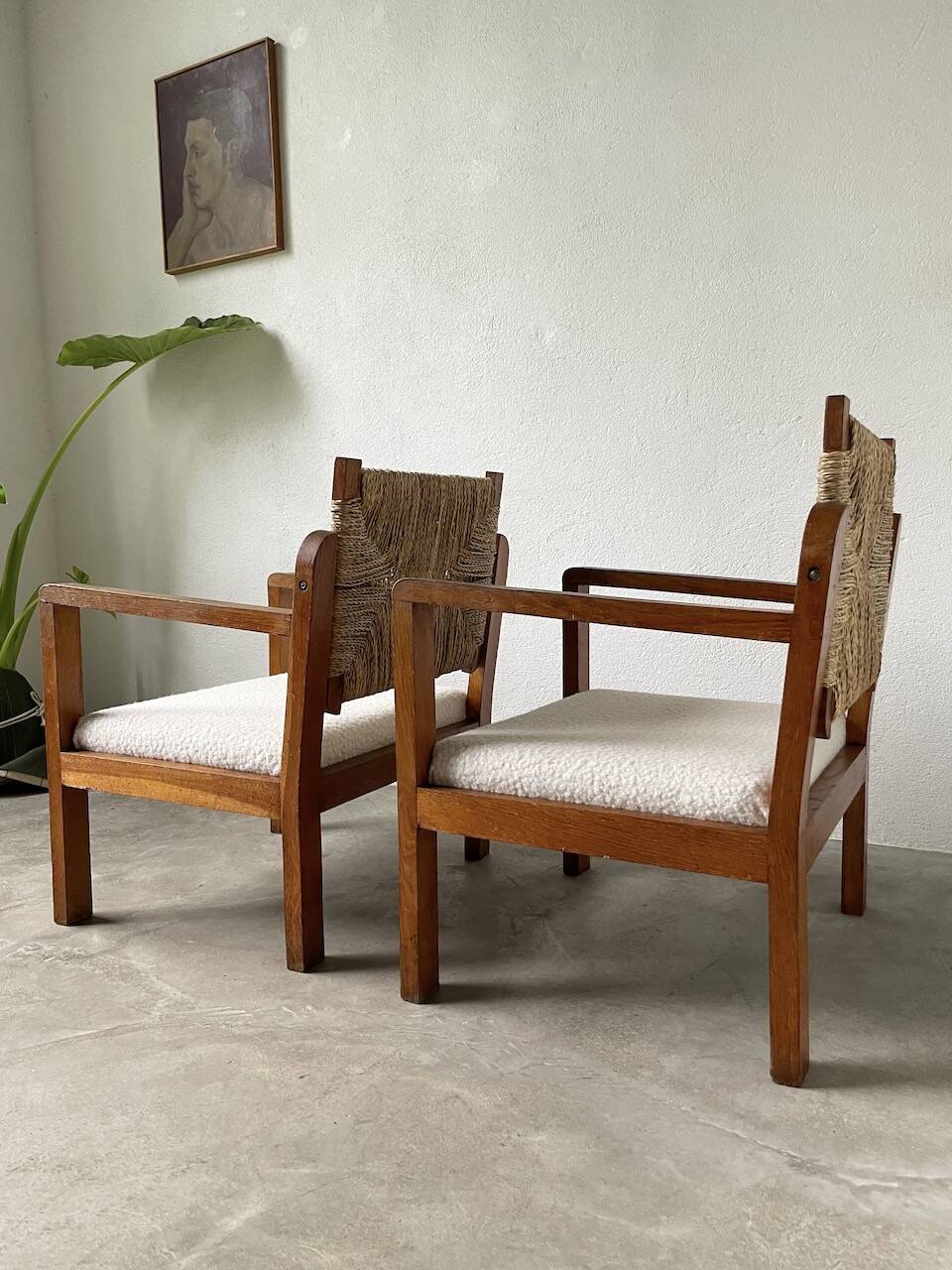 Pair of oak and straw armchairs, reconstruction style
