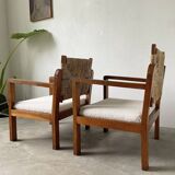 Pair of oak and straw armchairs, reconstruction style