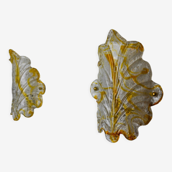 Paire d'appliques feuille par Murano Mazzega en verre givré orange Italie 1970