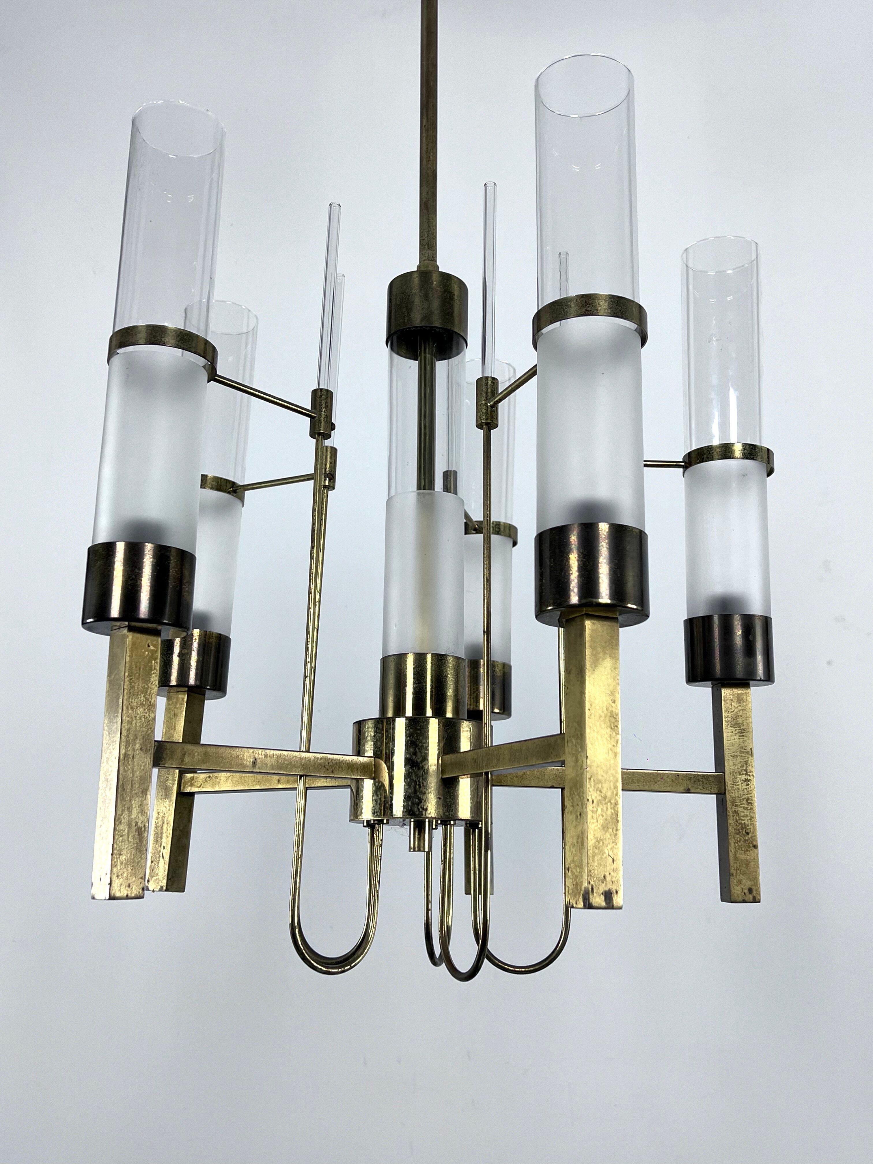 Sciolari, five arms brass and glass tube chandelier. Italy 1960s
