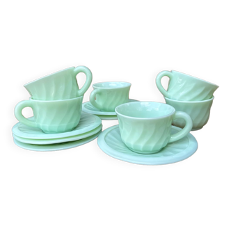 6 cups and saucers in water green opaline