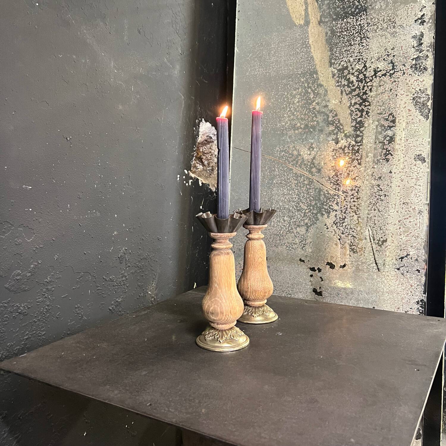 Old oak candle holder with bronze base