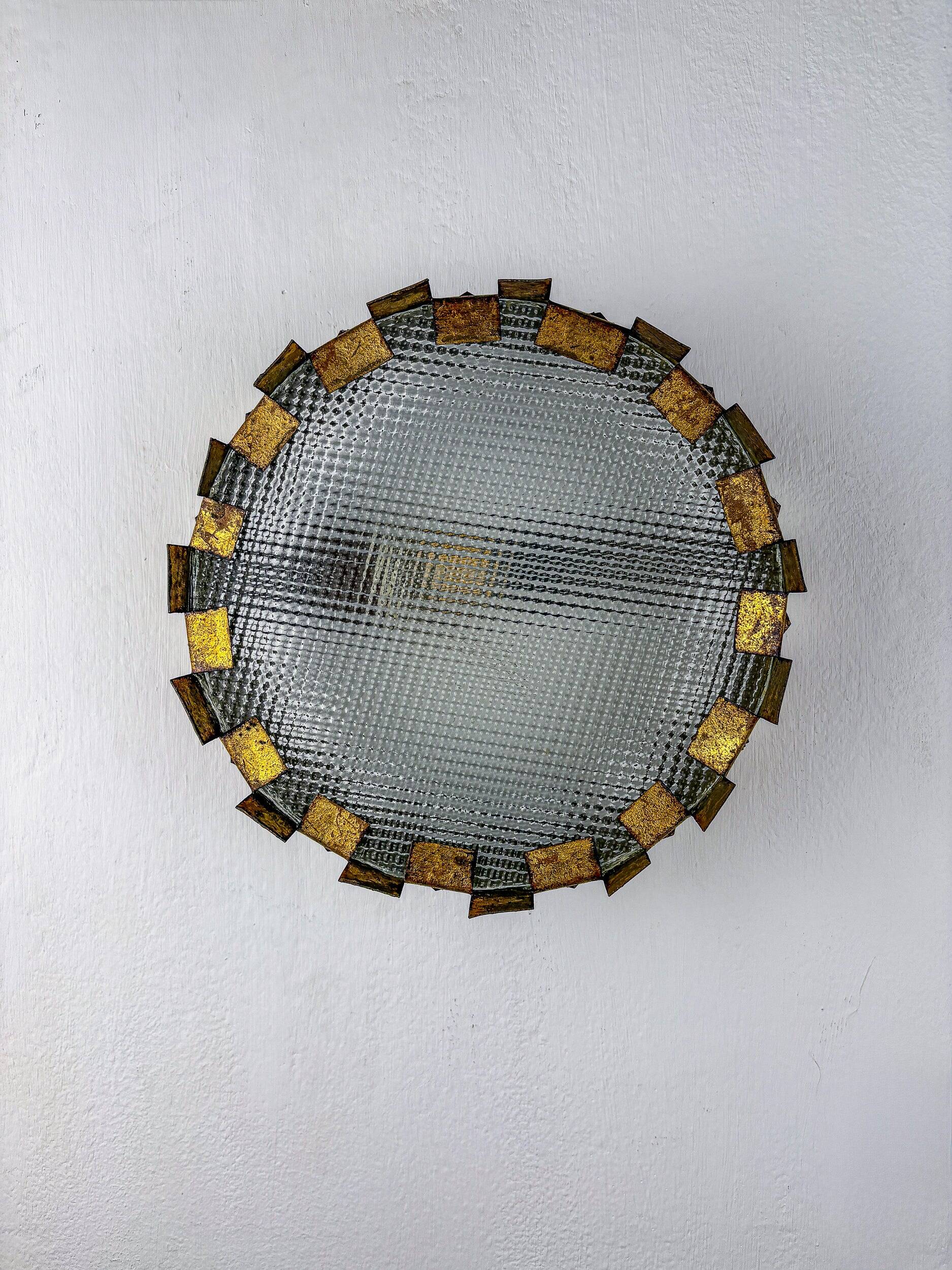 Brutalist crown sunburst fixture in gilt metal and frosted glass, France, 1960s