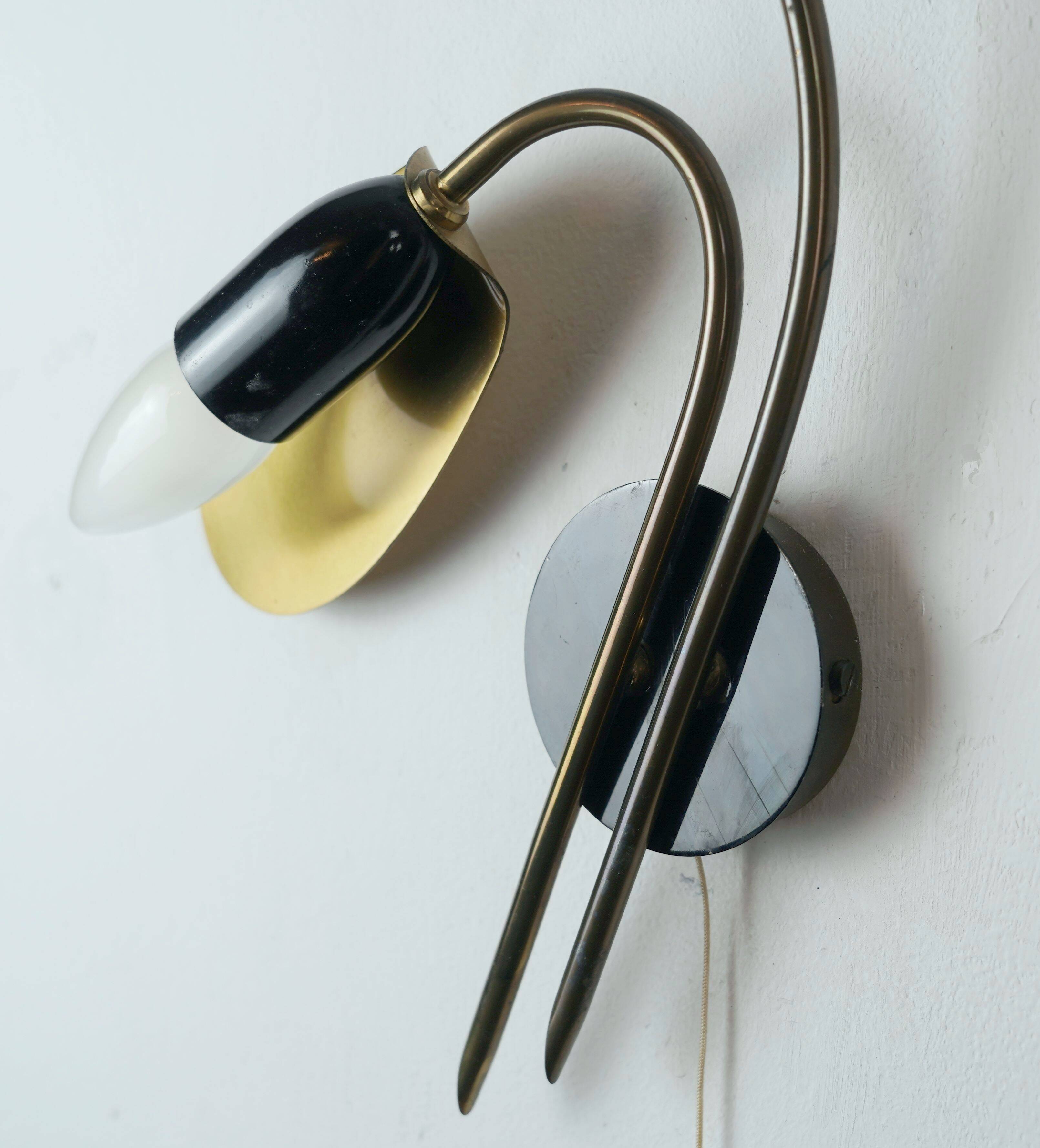 Pair of 1950s mid century sconces wall lamps brass black metal