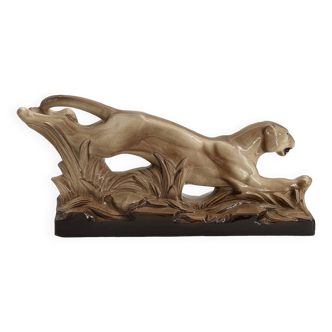 Vintage art deco sculpture of a ceramic panther Sainte Radegonde year 1930