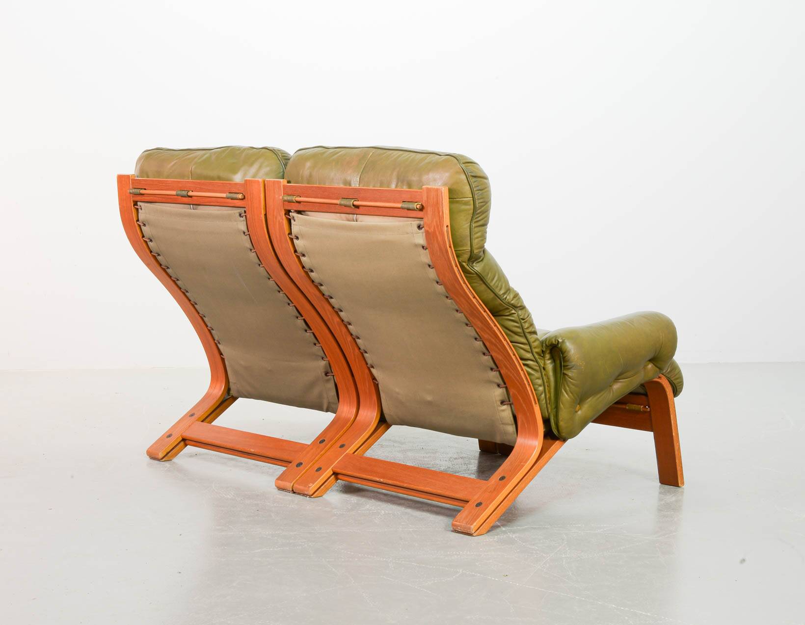 Scandinavian Rybo Rykken Olivegreen Leather 2-Seat Ry-Wing Lounge Sofa, 60s