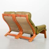 Scandinavian Rybo Rykken Olivegreen Leather 2-Seat Ry-Wing Lounge Sofa, 60s