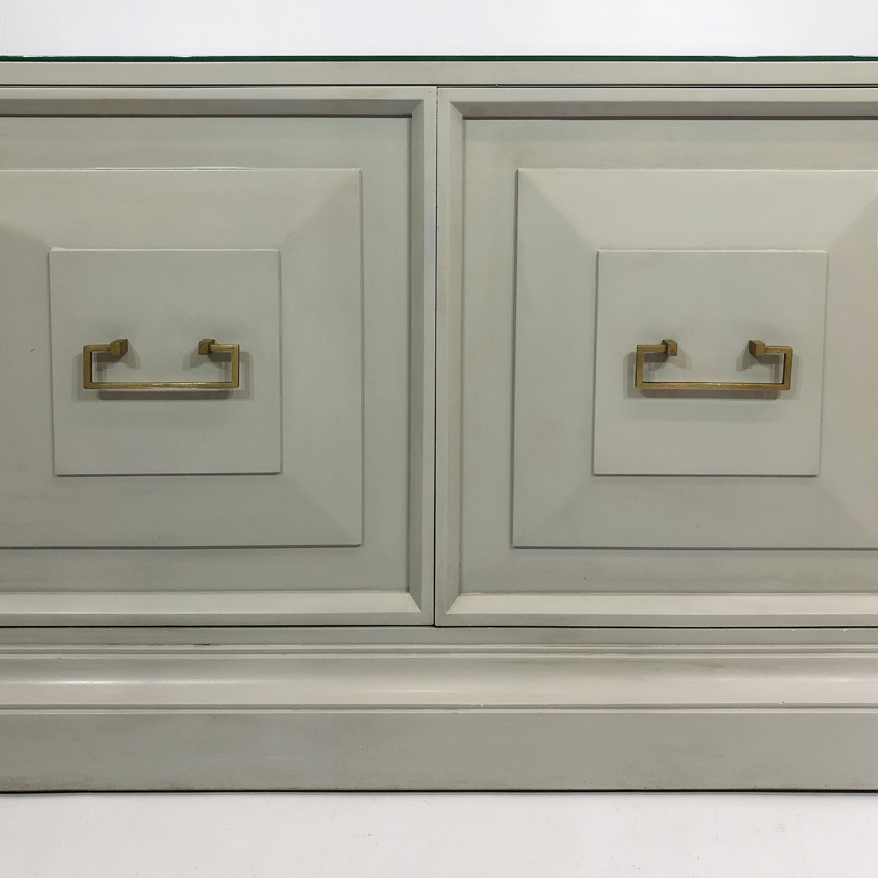 Neoclassical Duck Egg Cabinet Sideboard On Plinth 1970s USA Blue Brass Chinoiserie Retro Vintage