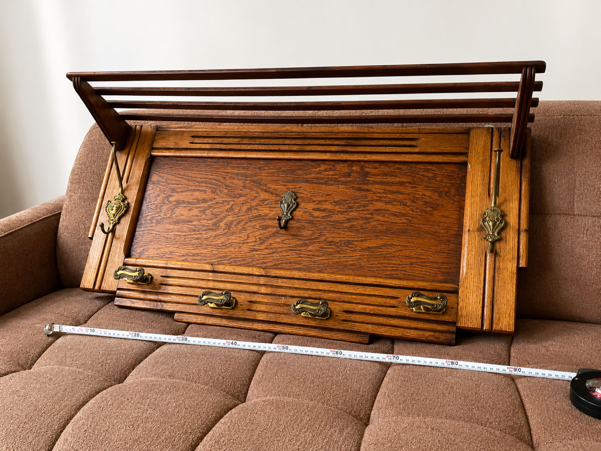 Large antique oak and brass wall coat rack – luggage rack style