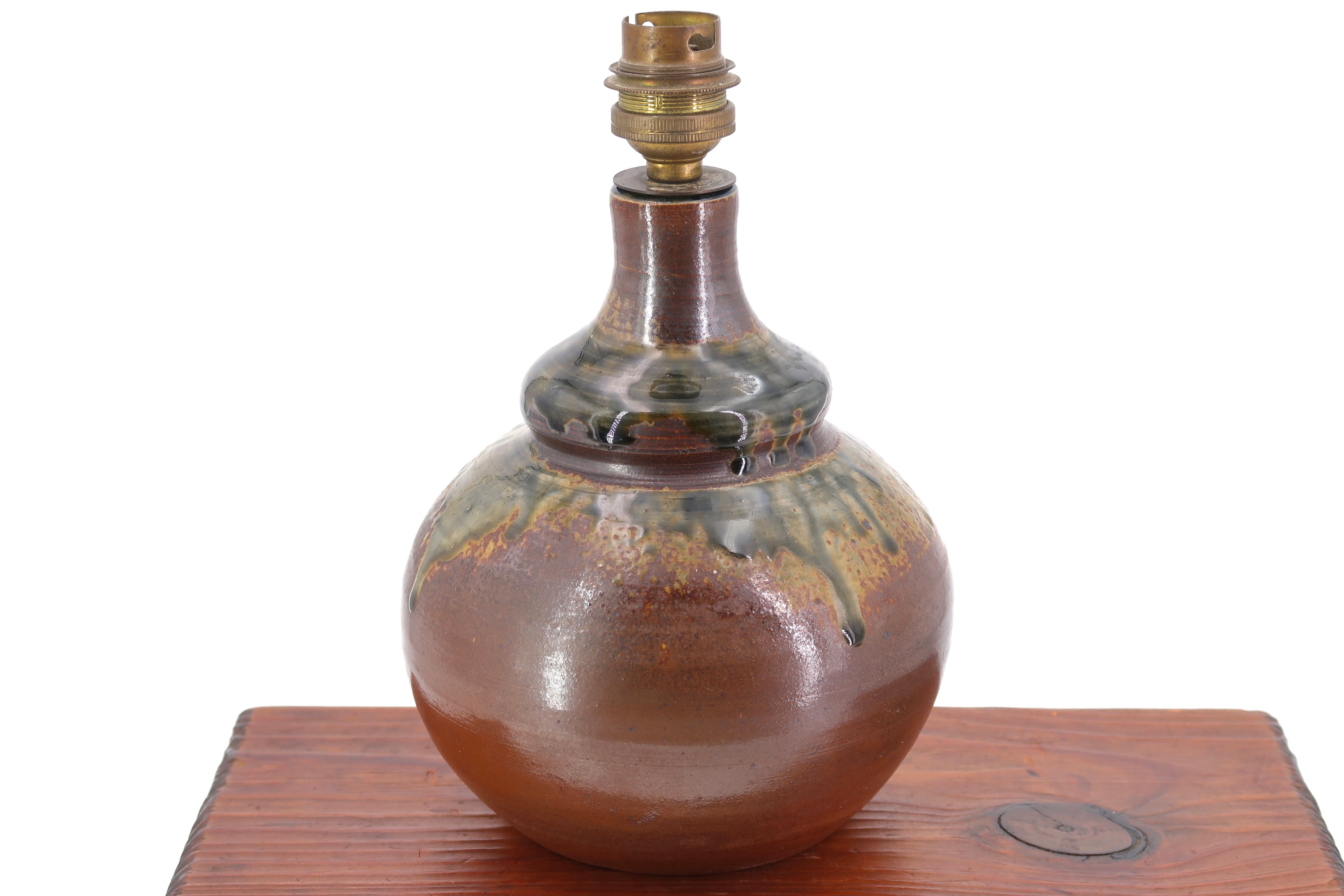 Puisaye stoneware lamp, raffia lampshade, 70s