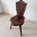 Brutalist tripod chair in carved wood 19th century