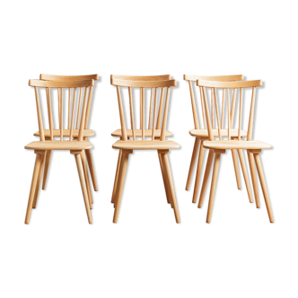Set of 6 solid beech bar chairs completely renovated, circa 1960