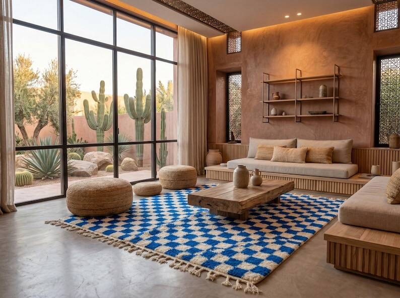Handmade pure wool Moroccan rug in blue and white, size 1.5/2.5 m.