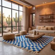 Handmade pure wool Moroccan rug in blue and white, size 1.5/2.5 m.