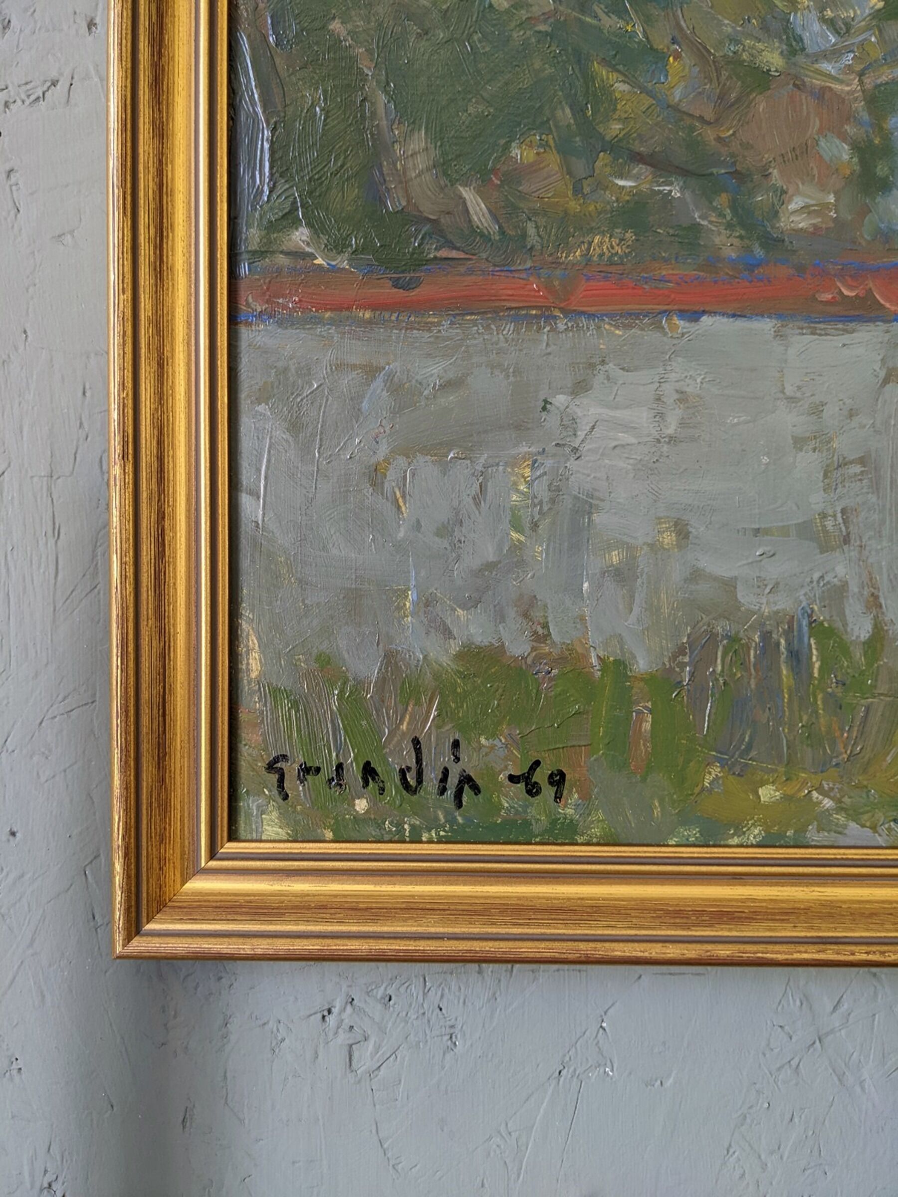 Mid-century modern swedish "forest houses", vintage abstract street scene framed oil painting