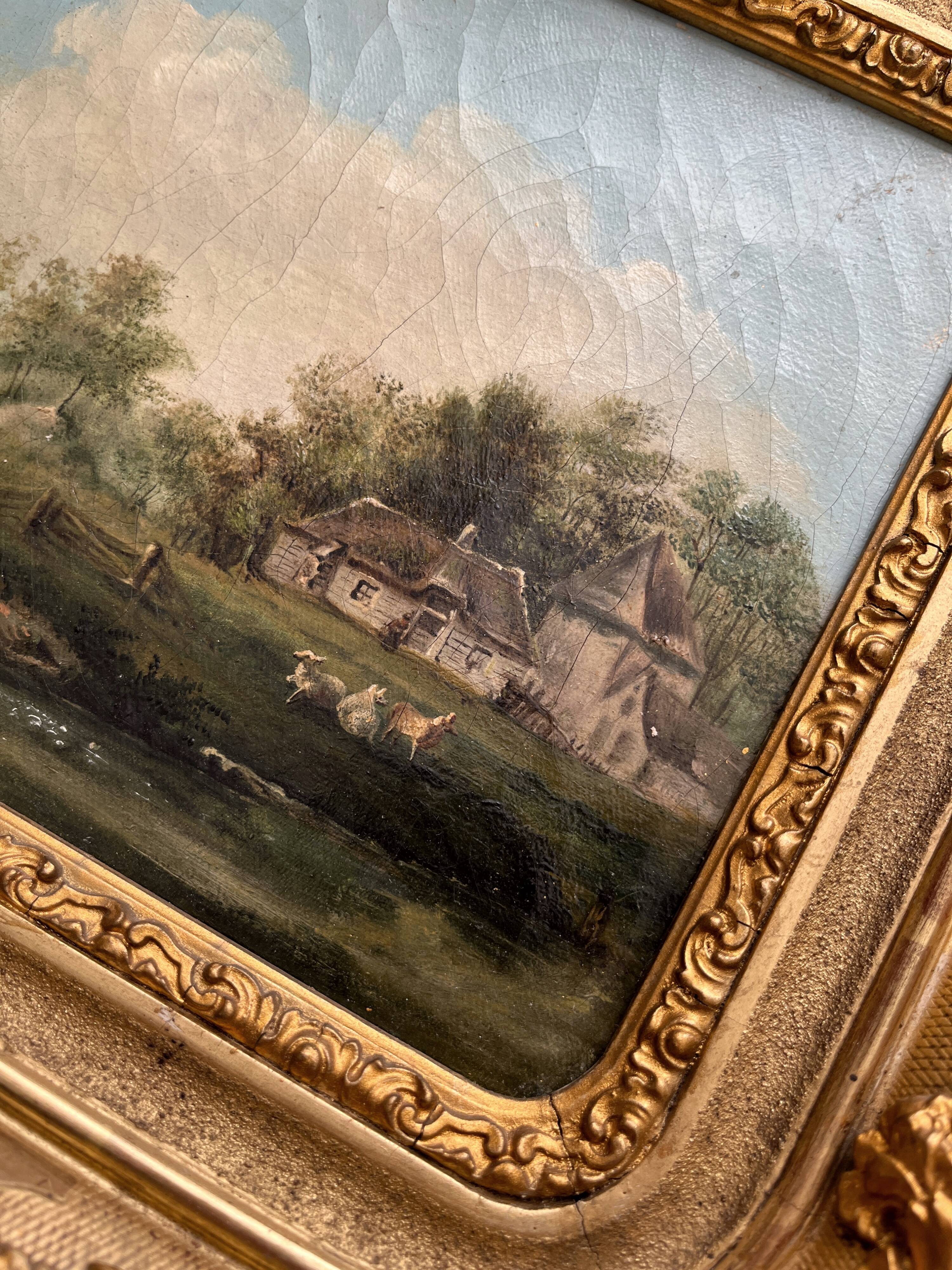 Old oil painting on canvas countryside landscape 19th