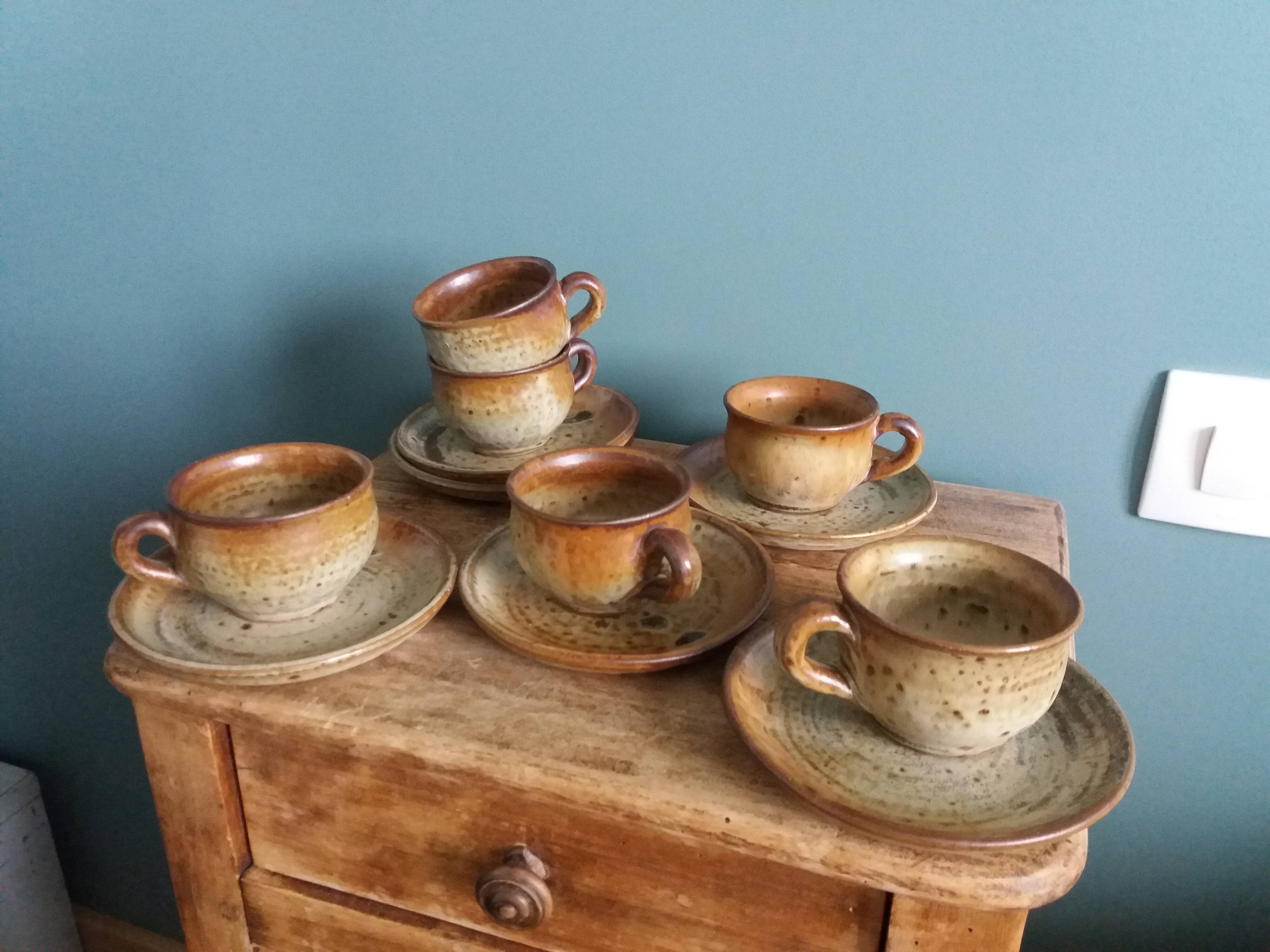 Coffee service with cups and saucers in Puisaye stoneware by Jean-Pierre Prud'homme
