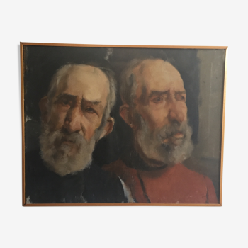 Huile sur toile portrait de deux hommes circa 1960