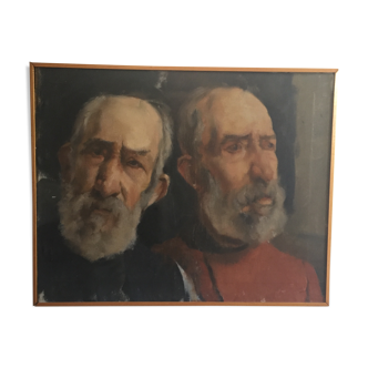 Huile sur toile portrait de deux hommes circa 1960