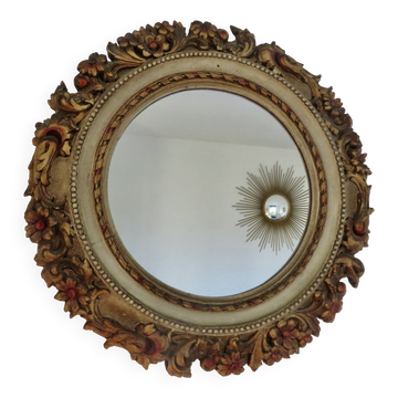 Grand miroir mural rond, baroque, motif floraux, rococo, années 70