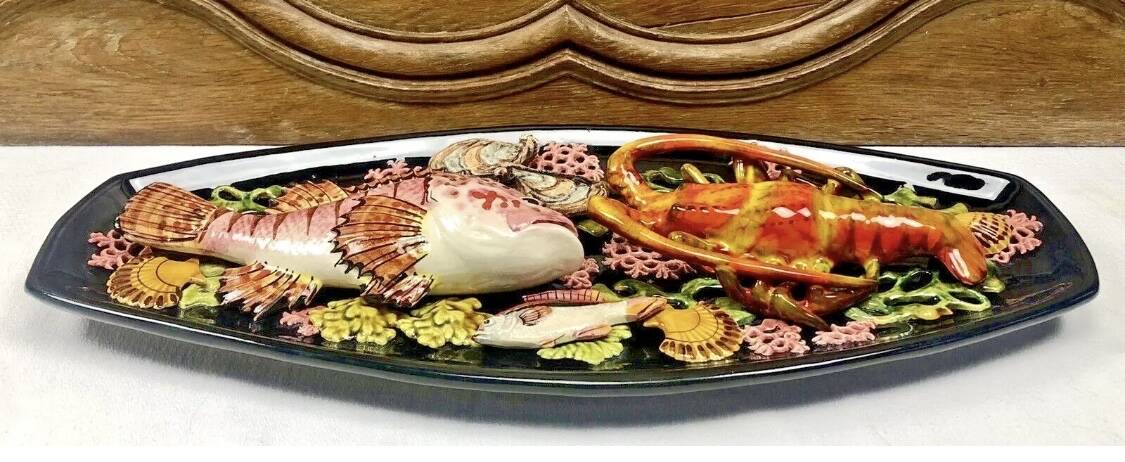 Large Vallauris slip dish 57x25 cm lobster fish