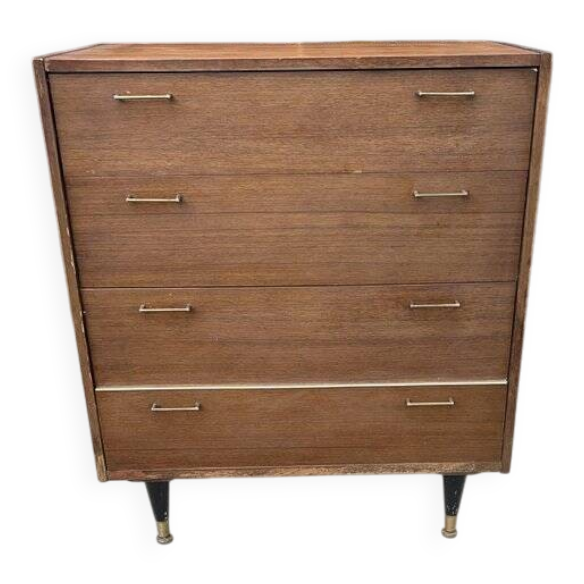 Mid-century teak chest of drawers in brown with four drawers, brass handles, 1960s.
