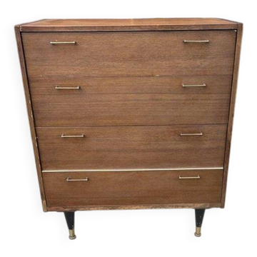 Mid-century teak chest of drawers in brown with four drawers, brass handles, 1960s.