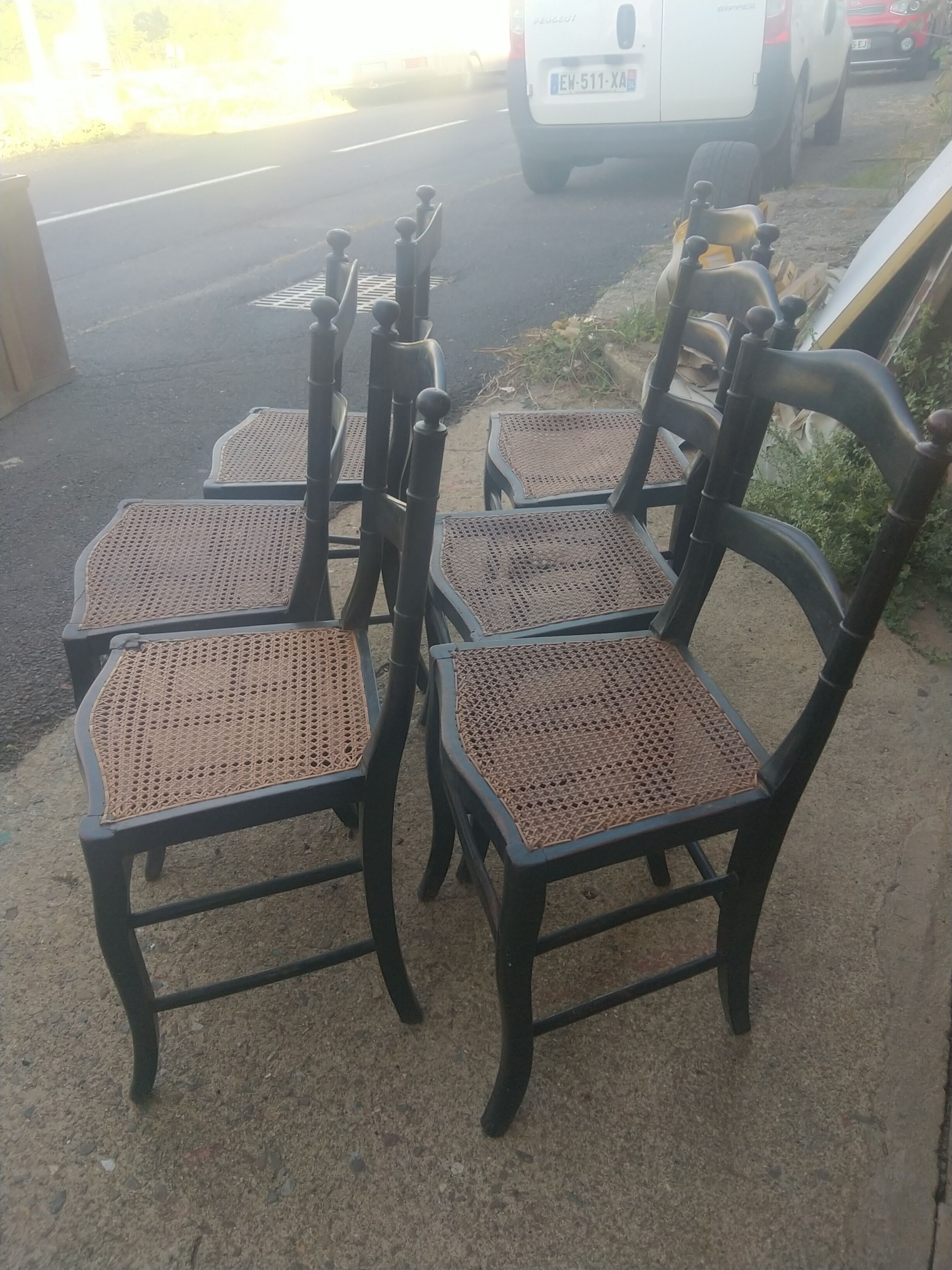 Set of 6 Napoleon III period chairs in blackened wood and caning