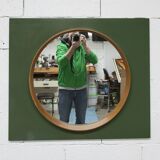 Unusual round wall mirror 60 cm teak edge on green rectangular board 1960.