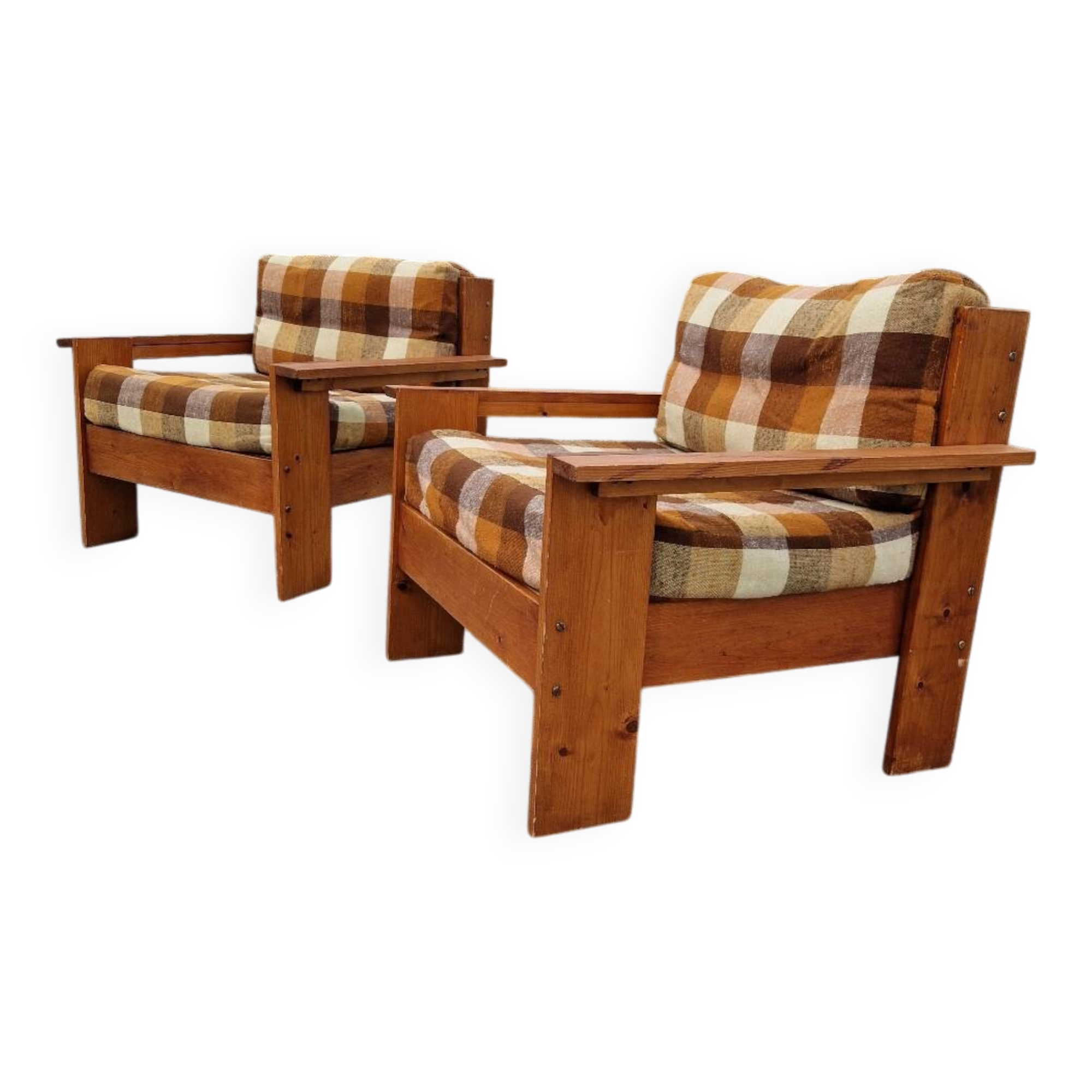 Pair of brutalist pine armchairs circa 1960