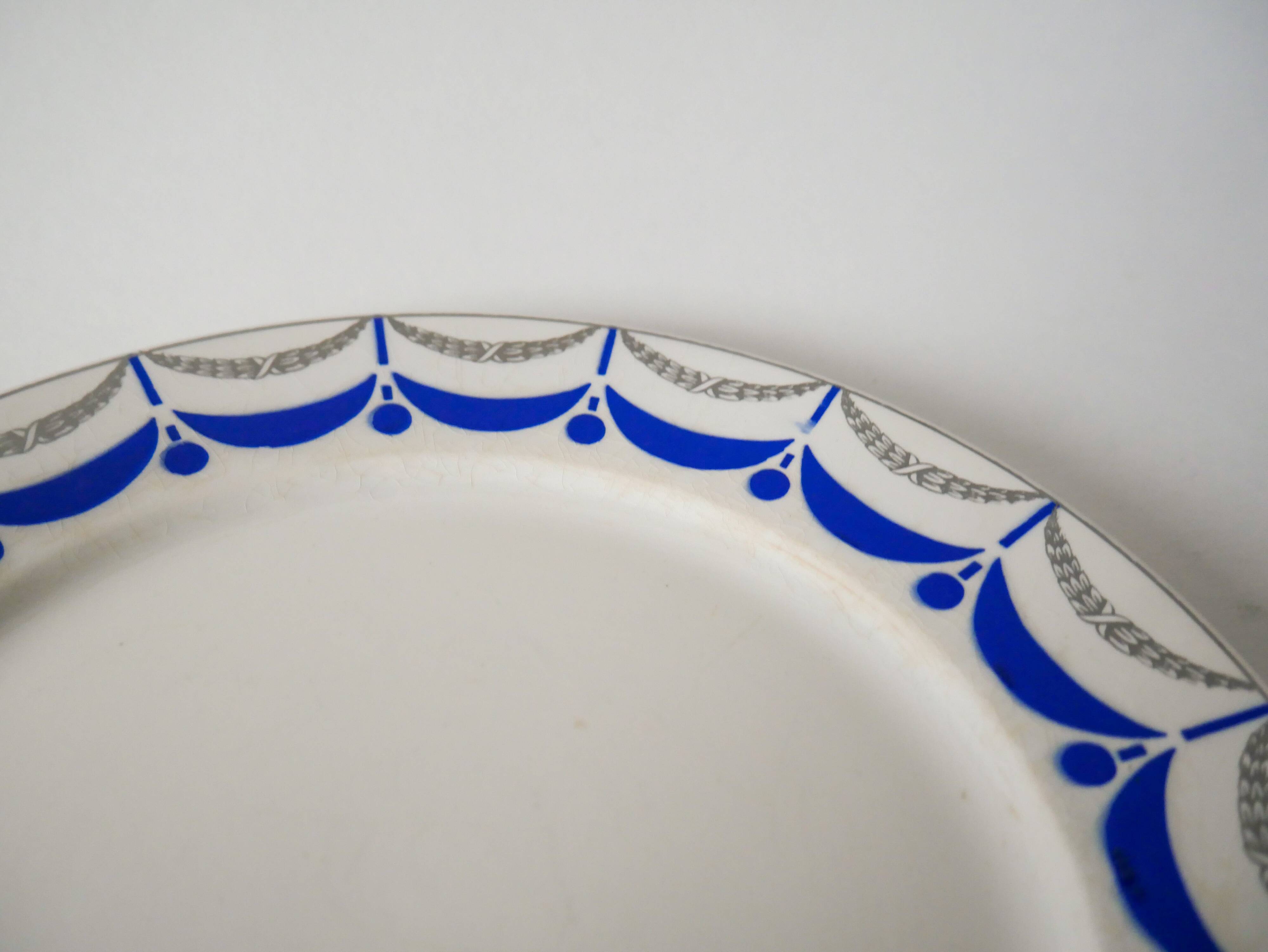 Set of 6 digoin sarreguemines flat plates blue and silver model "moulins" 1950