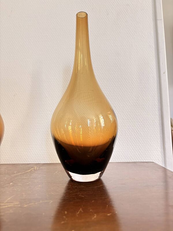 Ancien Paire Vase Pot Soliflore Verre Soufflé Moulé Mid Century Holmegaard