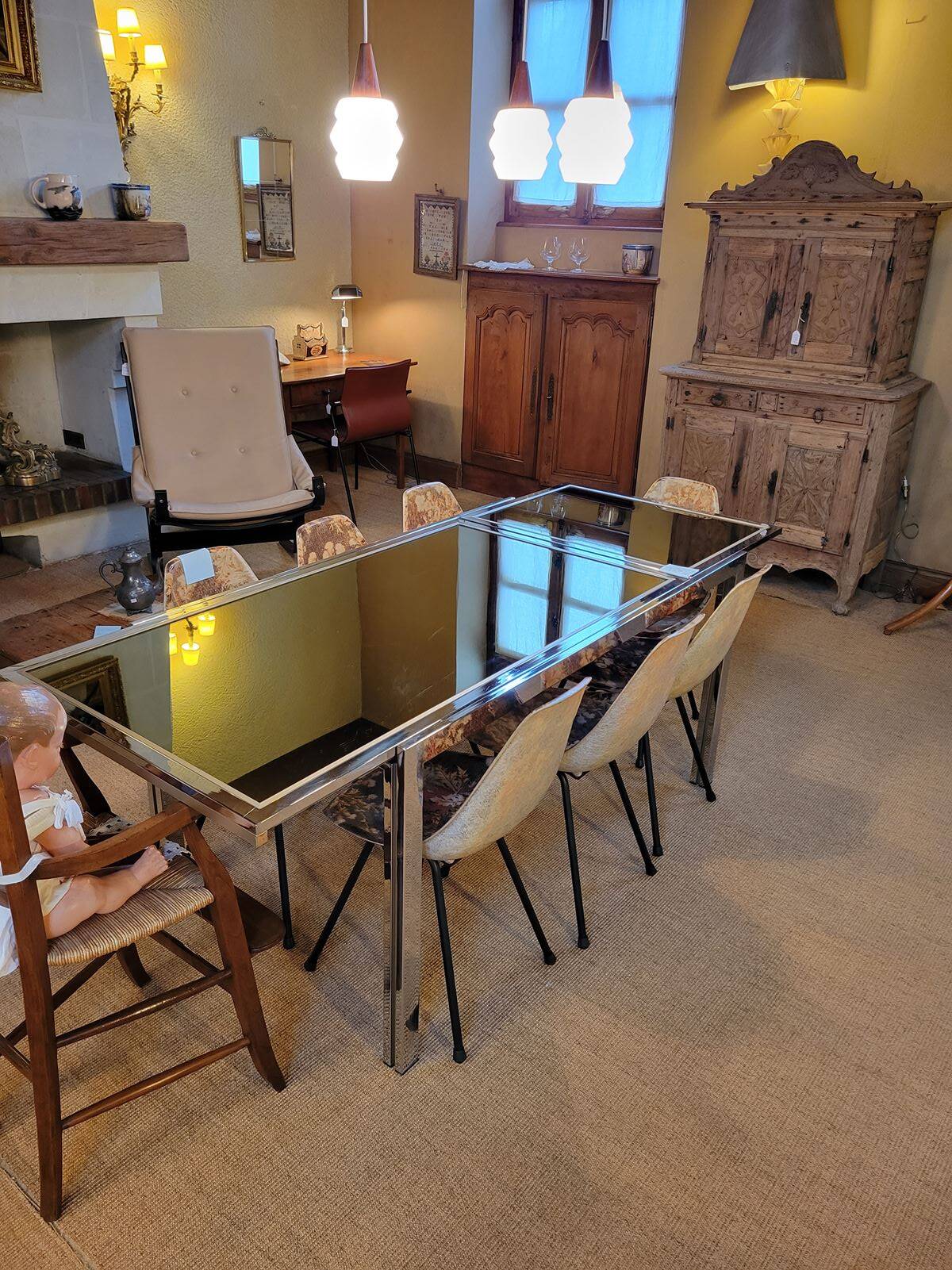 Vintage chrome and glass dining table, Roche Bobois