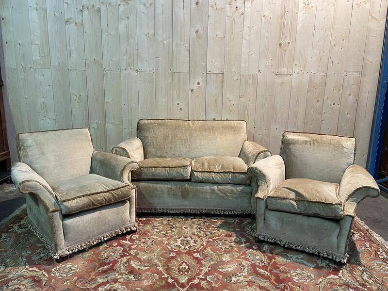 Living room sofa and pair of Napoleon III velvet armchairs