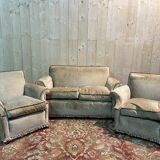 Living room sofa and pair of Napoleon III velvet armchairs