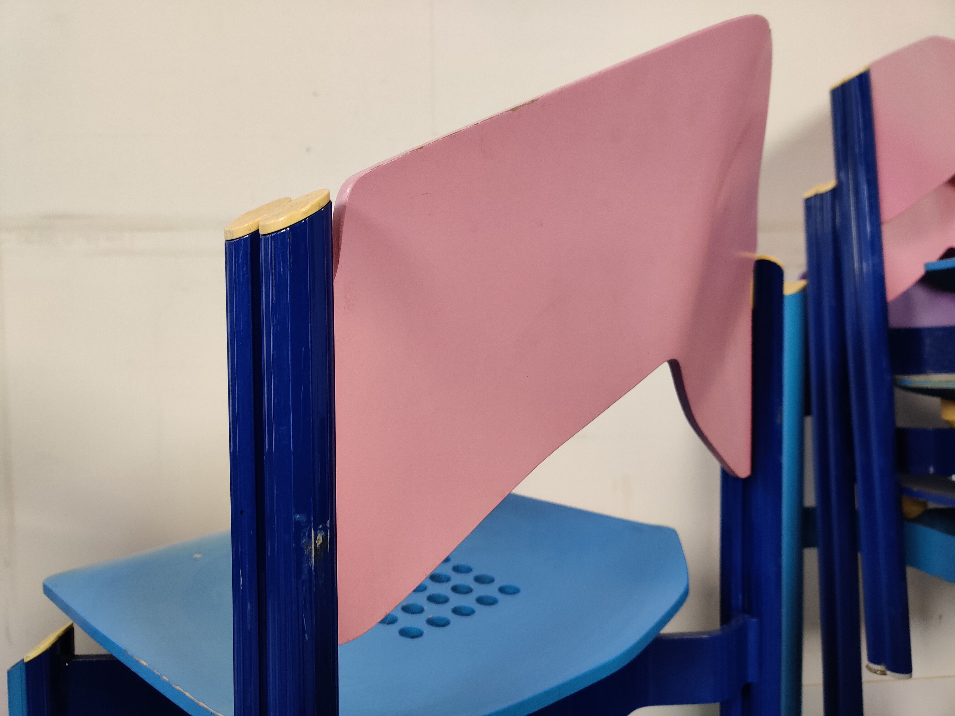 12 multicolored chairs wood and metal, 80s