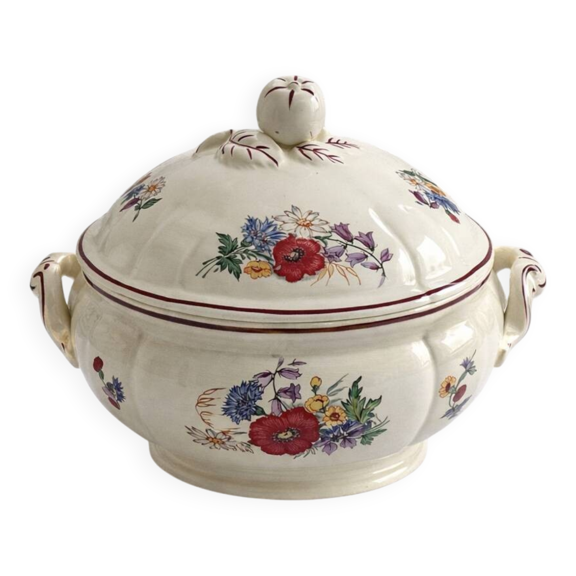 Sarreguemines Agreste soup tureen, antique French earthenware with lid.