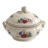 Sarreguemines Agreste soup tureen, antique French earthenware with lid.