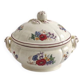 Sarreguemines Agreste soup tureen, antique French earthenware with lid.