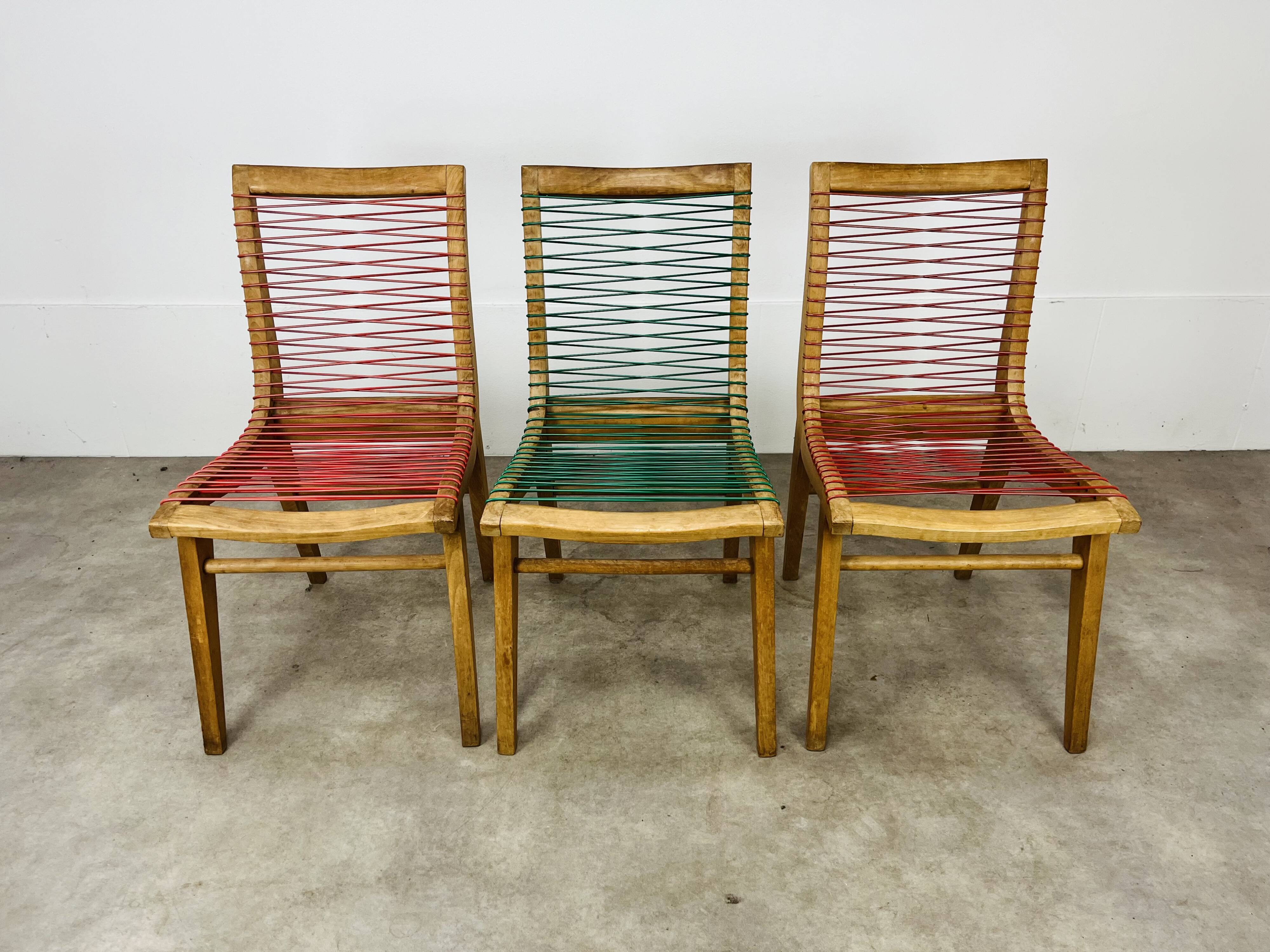 3 Louis Sognot scoubidou chairs from the 1950s