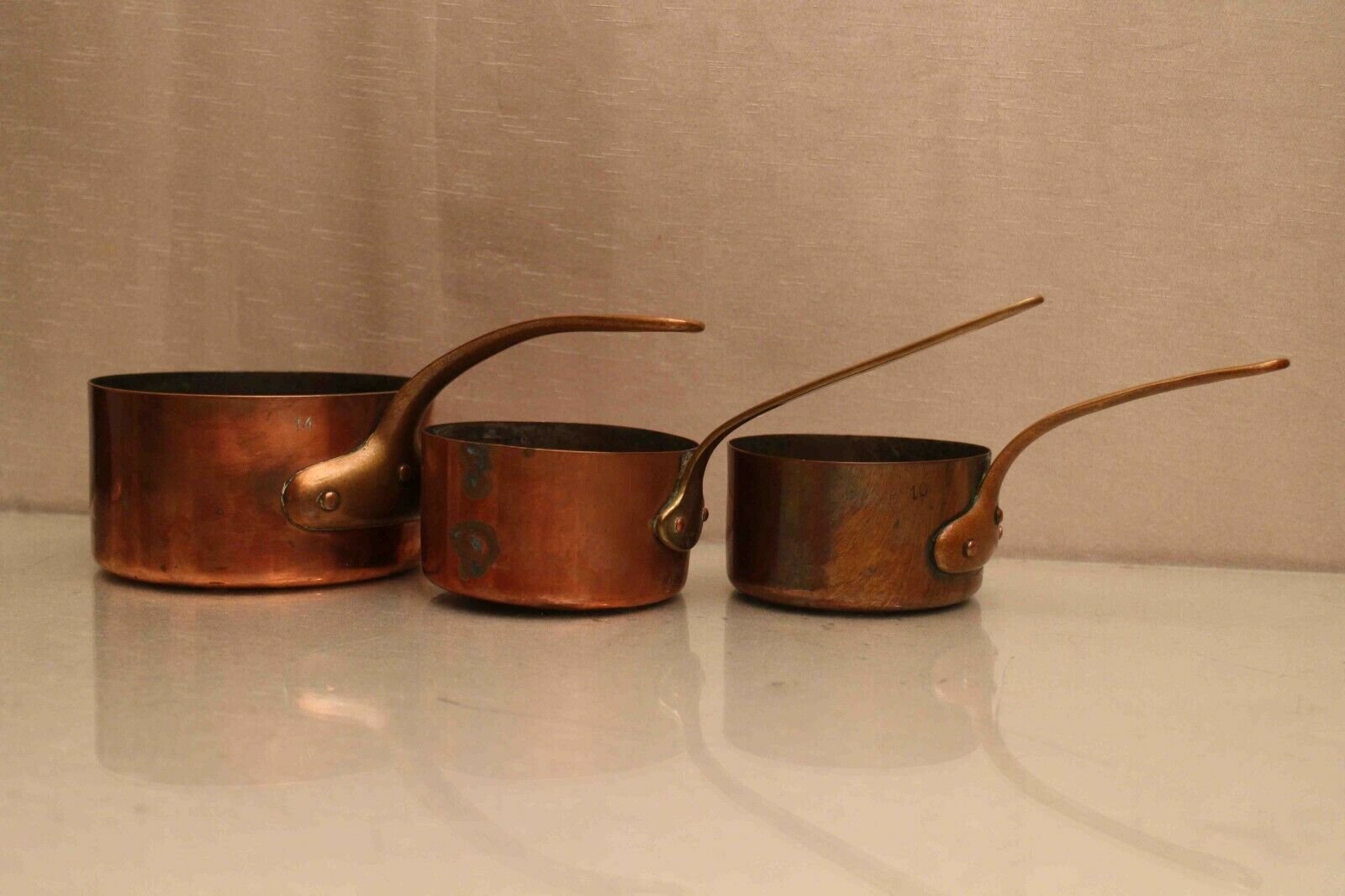Lot of 3 copper pans No.10 and No.14