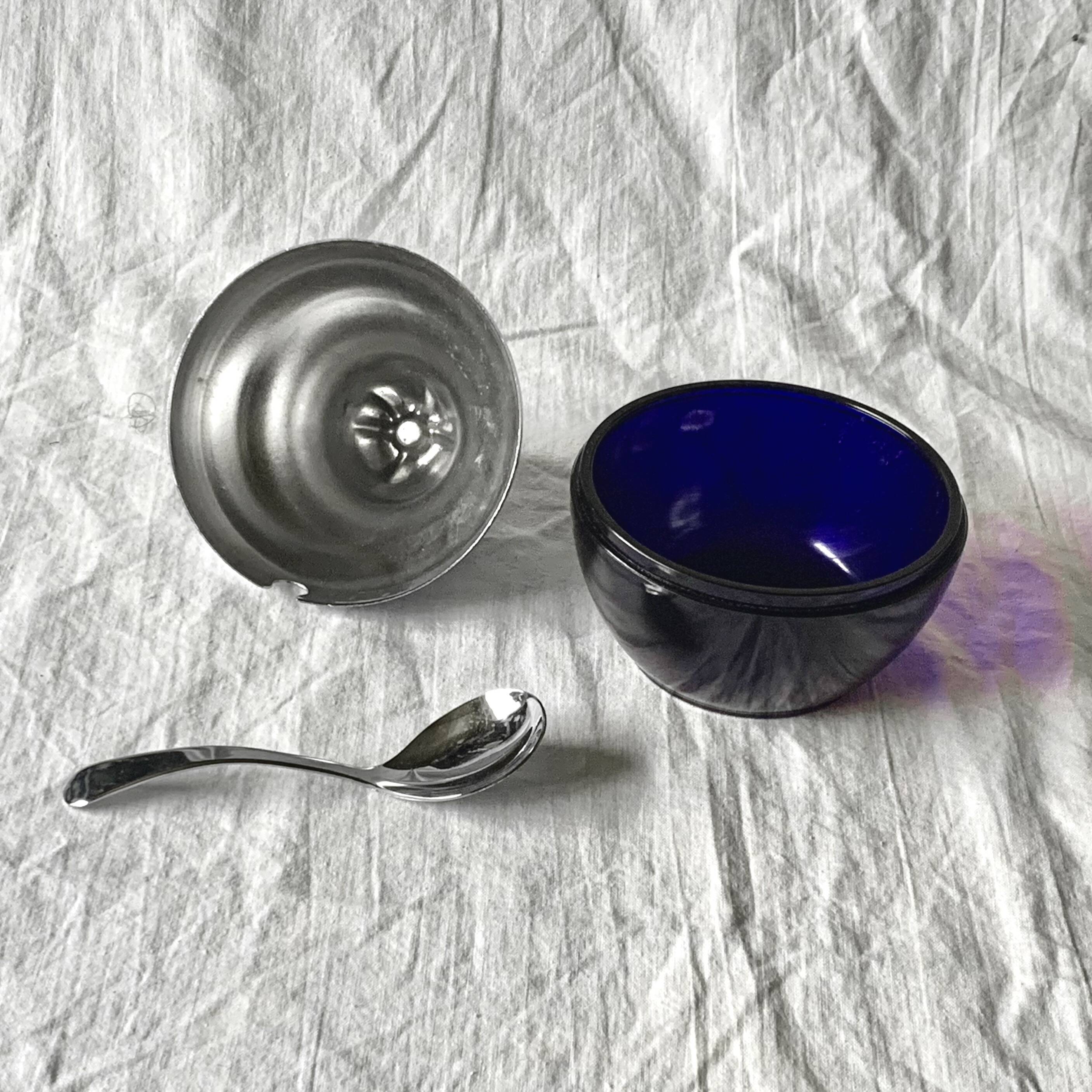 Vintage pear jam and sugar bowl in chromed metal and cobalt blue glass