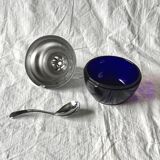 Vintage pear jam and sugar bowl in chromed metal and cobalt blue glass