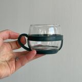 2 verres à pied jaune ambré et 2 tasses en verre