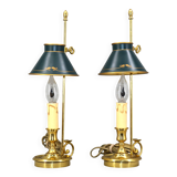 Pair of Empire style bouillotte lamps with bronze conical lampshade Lucien Gau